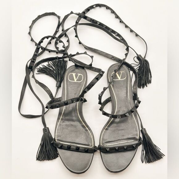 Valentino Garavani Rockstud Gladiatore Sandals Black Leather Ankle Tie EU 37 US7 - Picture 10 of 13
